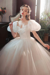 White Tulle Long Prom Dress, Lovely A-Line Puff Sleeve Evening Dress