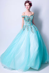 Blue Tulle Lace Long Prom Dresses, A-Line Off the Shoulder Evening Dresses