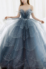 Blue Tulle Beaded Long Unique Straps Prom Dress, Blue Floor Length Party Dress