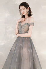 Cute Tulle Sequins Long Prom Dresses, Off the Shoulder Evening Dresses