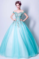 Blue Tulle Lace Long Prom Dresses, A-Line Off the Shoulder Evening Dresses