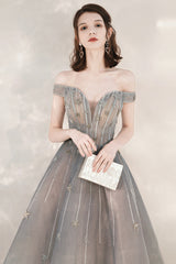 Cute Tulle Sequins Long Prom Dresses, Off the Shoulder Evening Dresses