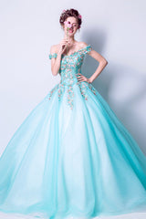Blue Tulle Lace Long Prom Dresses, A-Line Off the Shoulder Evening Dresses