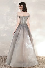 Cute Tulle Sequins Long Prom Dresses, Off the Shoulder Evening Dresses