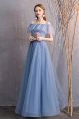 Blue Tulle Long Prom Dresses, A-Line Bridesmaid Dresses