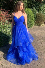 Blue Tulle Long Prom Dresses, A-Line Spaghetti Straps Evening Dresses