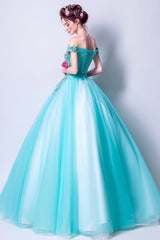 Blue Tulle Lace Long Prom Dresses, A-Line Off the Shoulder Evening Dresses