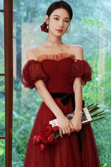 Burgundy Tulle Long A-Line Prom Dress, Off the Shoulder Evening Dress