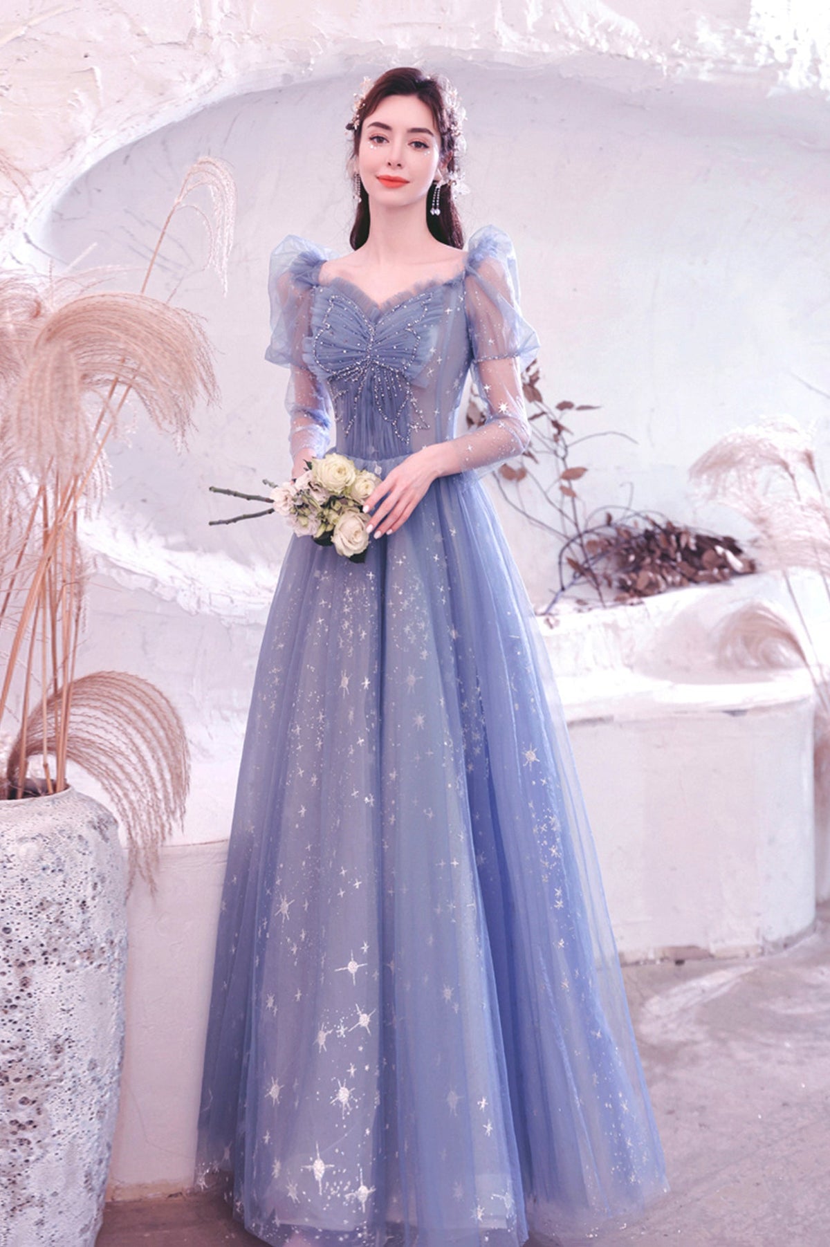 Blue Tulle Beading Long A-Line Prom Dresses, Blue Long Sleeve Evening Dresses