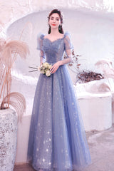 Blue Tulle Beading Long A-Line Prom Dresses, Blue Long Sleeve Evening Dresses