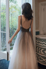 Gray Tulle Long Prom Dress, A-Line Backless Evening Dress