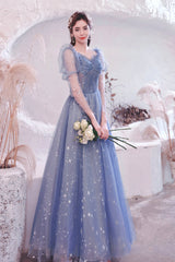 Blue Tulle Beading Long A-Line Prom Dresses, Blue Long Sleeve Evening Dresses