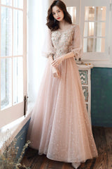 Pink Tulle Lace Long Prom Dresses, A-Line Long Sleeve Evening Dresses