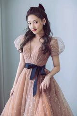 Cute Tulle Long Prom Dress with Bow, A-Line Evening Graduation Dress
