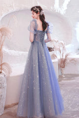Blue Tulle Beading Long A-Line Prom Dresses, Blue Long Sleeve Evening Dresses