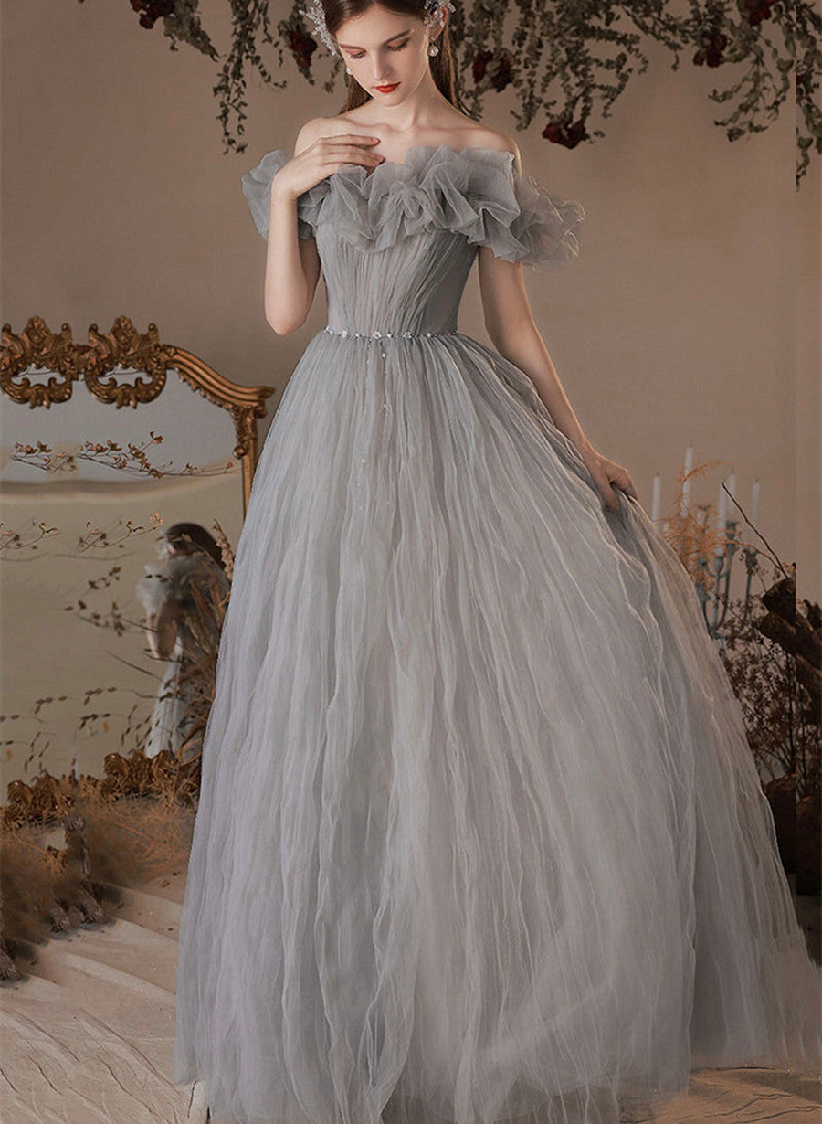 Grey Off Shoulder Beaded A-line Prom Dress, Grey Long Formal Dress