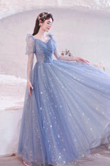 Blue Tulle Beading Long A-Line Prom Dresses, Blue Long Sleeve Evening Dresses