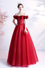 Red Tulle Off the Shoulder Long Prom Dress, A-Line Graduation Dress