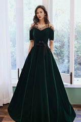 Green Velvet Long A-Line Prom Dress, Green Off the Shoulder Graduation Dress