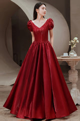 Red V-Neck Satin Long Prom Dress, A-Line Evening Dress