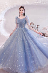 Blue Tulle Beading Long A-Line Prom Dresses, Blue Long Sleeve Evening Dresses