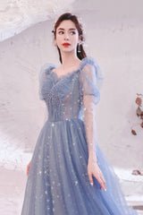 Blue Tulle Beading Long A-Line Prom Dresses, Blue Long Sleeve Evening Dresses