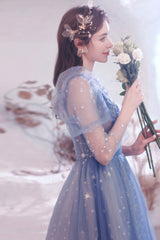 Blue Tulle Beading Long A-Line Prom Dresses, Blue Long Sleeve Evening Dresses