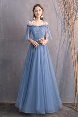 Blue Tulle Long Prom Dresses, A-Line Bridesmaid Dresses