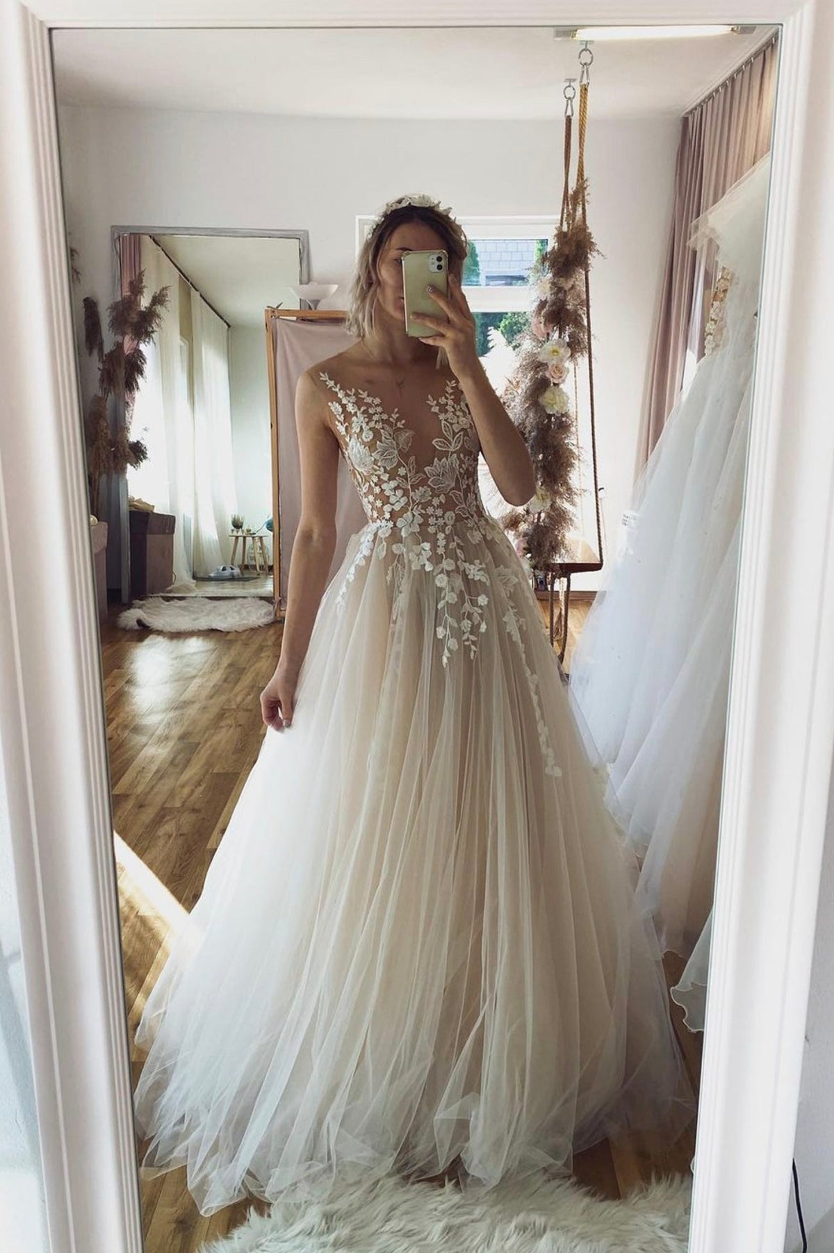 Champagne Tulle Scoop Neckline Long Prom Dress, Lace Evening Party Dress