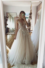 Champagne Tulle Scoop Neckline Long Prom Dress, Lace Evening Party Dress