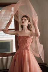 Cute Tulle Short Sleeve Floor Length Prom Dress, A-Line Evening Party Dress