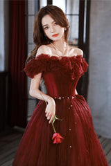 Burgundy Tulle Long A-Line Prom Dress, Cute Off the Shoulder Evening Dress
