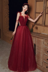 Burgundy Tulle Long A-Line Prom with Beaded, Off the Shoulder Evening Party Dress