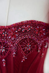 Burgundy Tulle Beaded Long Prom Dress, A-Line Short Sleeve Evening Dress