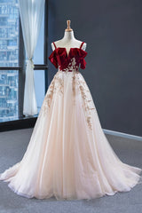 Burgundy Velvet Lace Long Prom Dress, A-Line Off Shoulder Evening Dress