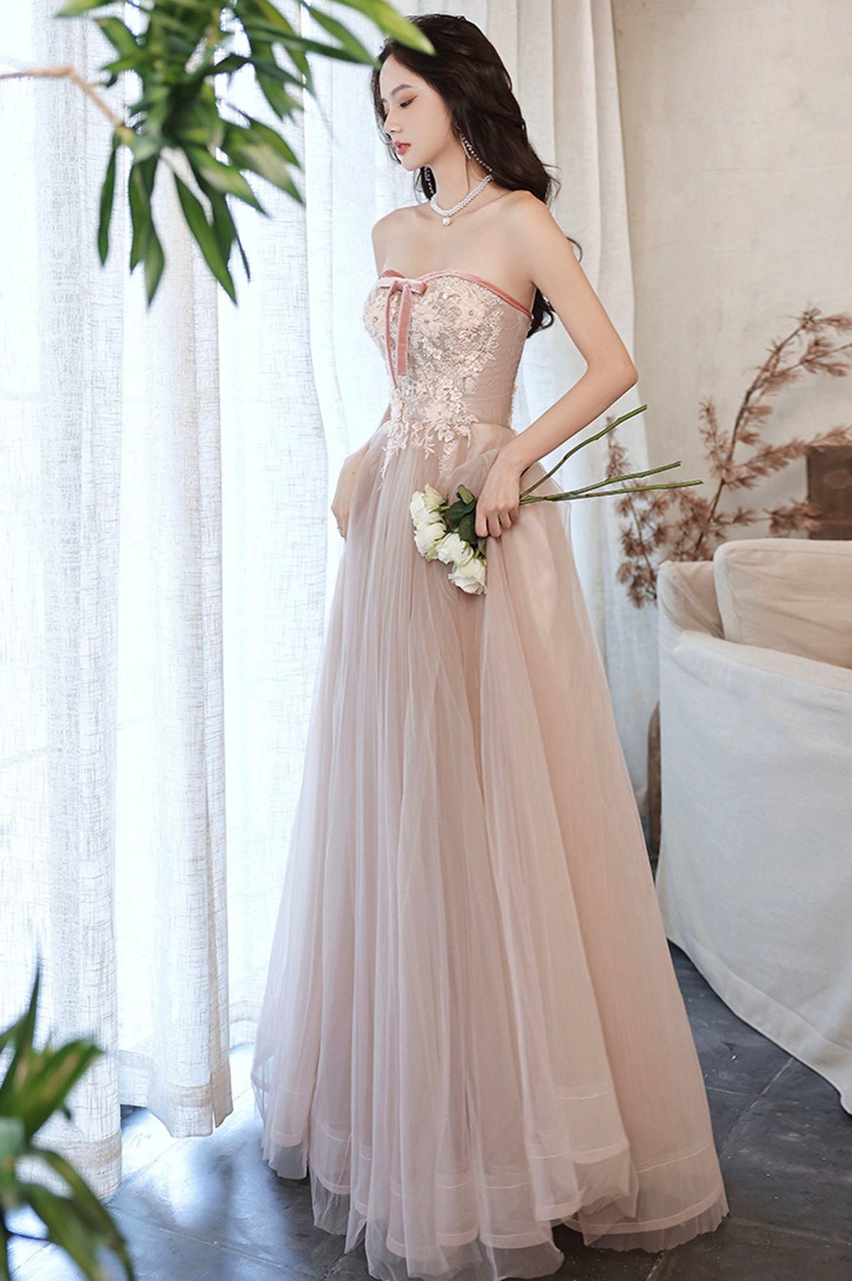 Pink Strapless Lace Long Prom Dresses, A-Line Evening Dresses