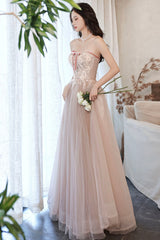 Pink Strapless Lace Long Prom Dresses, A-Line Evening Dresses