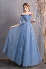 Blue Tulle Long Prom Dresses, A-Line Bridesmaid Dresses