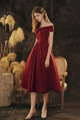 Burgundy Satin Short Prom Dress, Cute Off the Shoulder Evening Dress