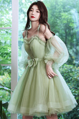 Green Tulle Short Prom Dress, Green A-Line Party Dress with Bow