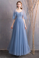 Blue Tulle Long Prom Dresses, A-Line Bridesmaid Dresses