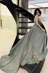 Green A-Line Backless Long Prom Dresses, Evening Dresses