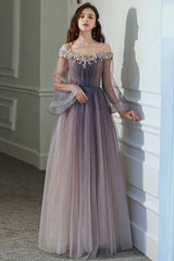 Purple Tulle Lace Long Prom Dress, Ombre Tulle Evening Dress