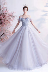 Gray Tulle Off the Shoulder Long Prom Dress, A-Line Evening Party Dress