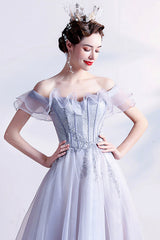 Gray Tulle Off the Shoulder Long Prom Dress, A-Line Evening Party Dress