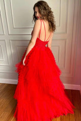 Red Tulle Lace Long Prom Dresses, A-Line V-Neck Graduation Dresses