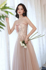 Pink Strapless Lace Long Prom Dresses, A-Line Evening Dresses