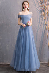 Blue Tulle Long Prom Dresses, A-Line Bridesmaid Dresses