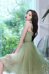 Green Tulle Short Prom Dress, Green A-Line Party Dress with Bow