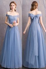 Blue Tulle Long Prom Dresses, A-Line Bridesmaid Dresses